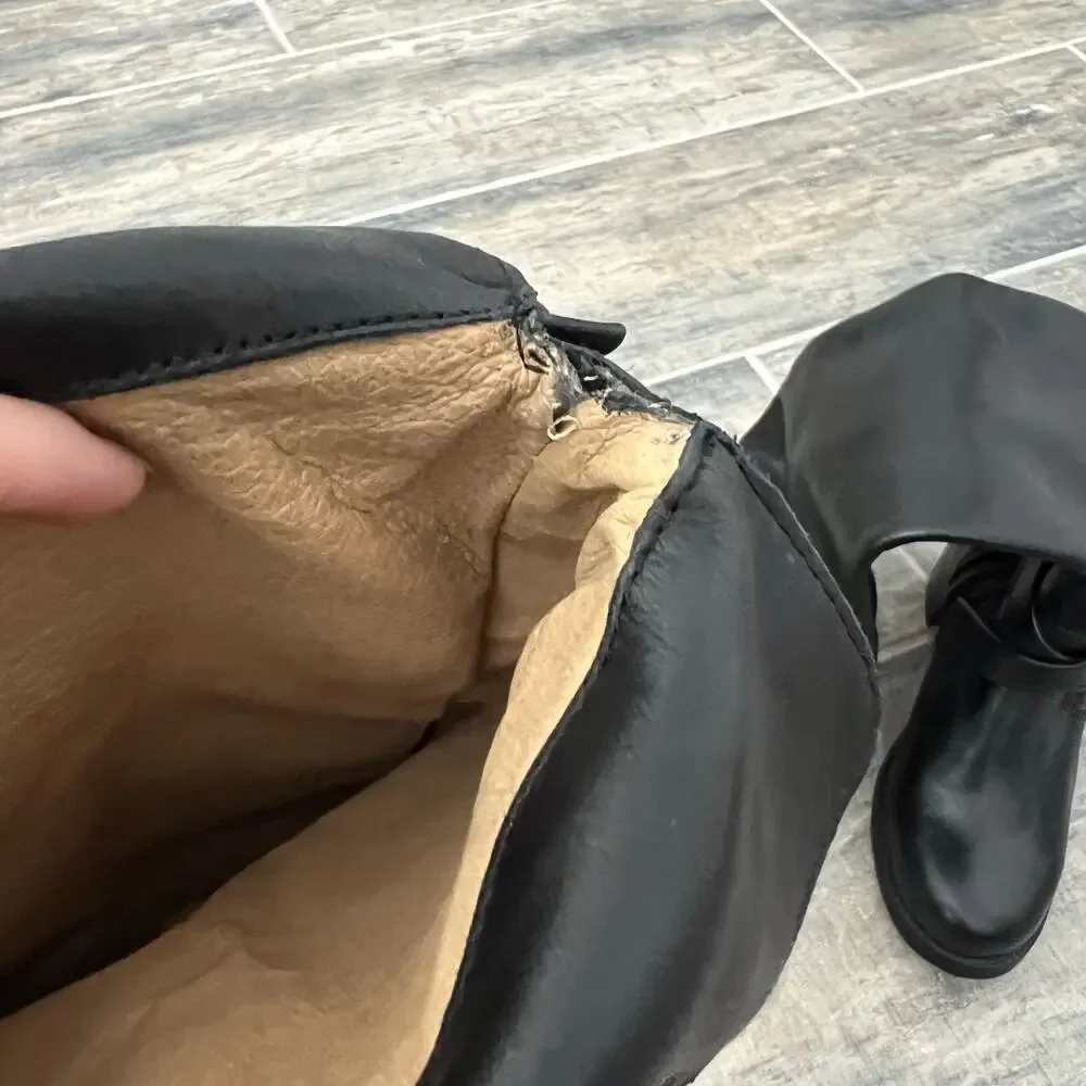 Frye Kelly Black Leather Over the Knee Boots Buckle Strap Block Heel Riding boot